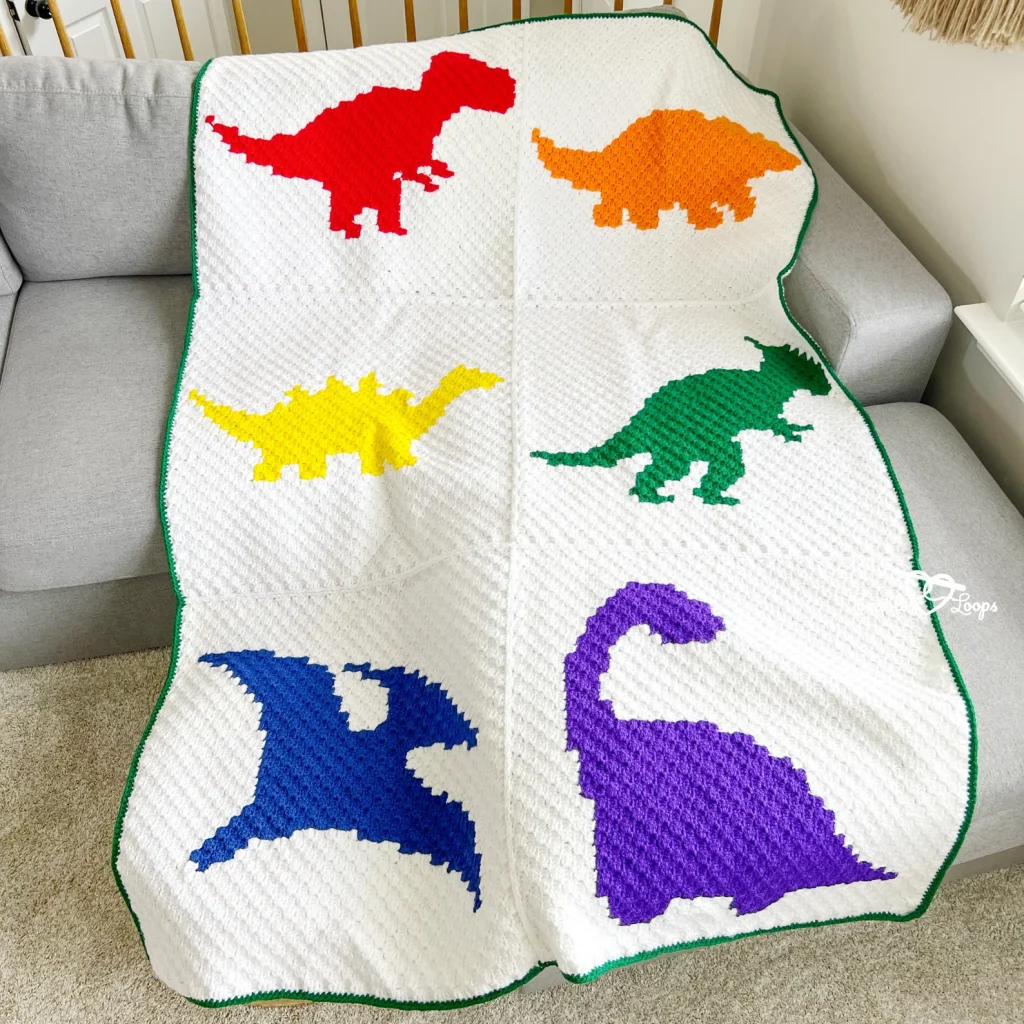 20 Free Crochet Dinosaur Patterns 19 C2C Dinosaur Blanket With Six Panels
